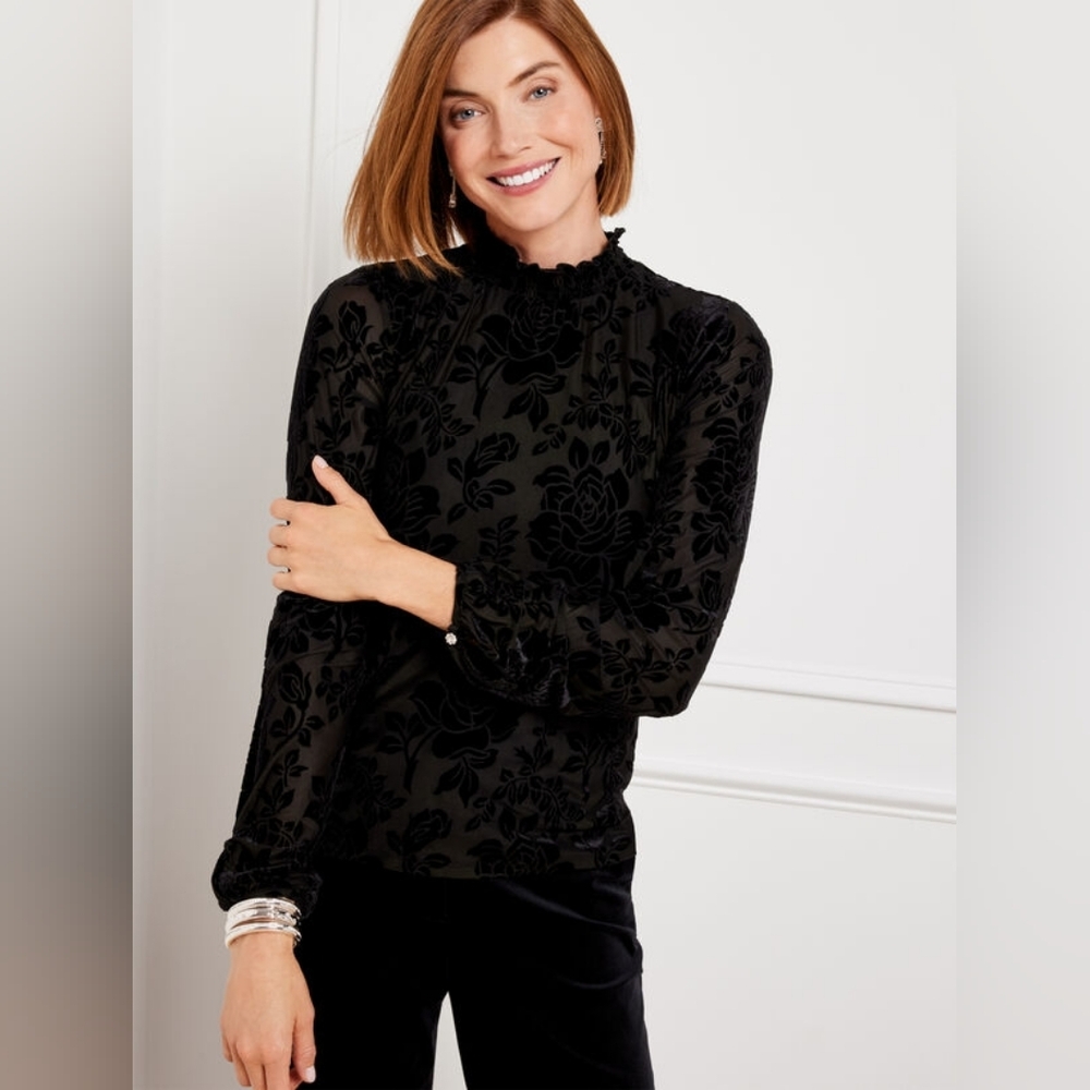 Talbots Black Velvet Burnout Smocked Mockneck Witchy Whimsigoth Top Size Medium